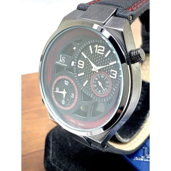 Joshua & Sons Men's Watch JS83 Quartz Dual Time Zone Red Black Dial Leat…